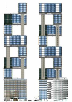 two tall buildings with windows and balconies on the top, one is blue