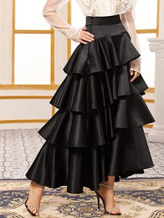 Layered Skirt Designs, Satin Ruffle Skirt, Designer Skirt Outfits, Layered Skirt Dress, Long Layered Skirt Outfit, Long Skirt Outfits Formal, Long Ruffle Skirt Outfit, Fancy Skirt Outfits, Ruffled Skirt Outfit