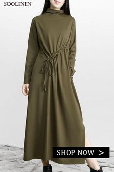 Comfy Army Green Drawstring Asymmetrical Design Side Open Dress Fall Side Open Dress, Long Linen Dresses, Open Dress, Spring Blouses, Caftan Dress, Plus Size Dress