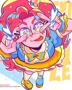 a cartoon character with pink hair and glasses