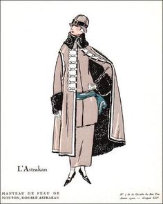 size: 10x8in Photo: Fashion plate for La Gazette du Bon Ton, L'Astrakan Manteau de peau de mout : 1969 Fashion, Classical Dress, Fashion 1910, 1920 Fashion, Flapper Girl, Bon Ton, Period Costumes, Roaring Twenties, 1920s Fashion