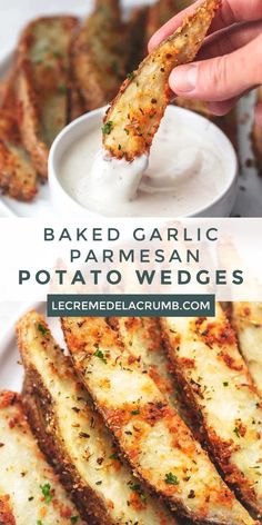 baked garlic parmesan potato wedges on a white plate