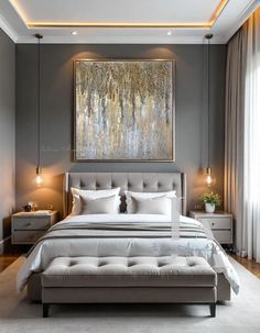 a bedroom with a large painting above the bed