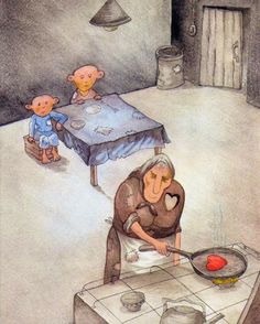 an old woman cooking in the kitchen with two small teddy bears on the table behind her