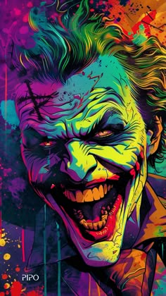 the joker is smiling with his teeth painted multi - colored and splattered paint