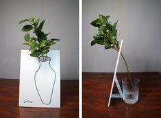 two photographs of a plant in a vase and an empty card on a wooden table