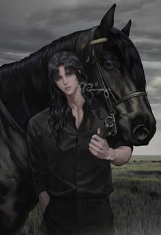 a man standing next to a black horse on top of a lush green field under a cloudy sky