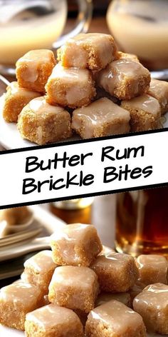 butter rum brickle bites are stacked on a plate