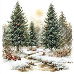 a watercolor painting of christmas trees in the snow with red balls on them and a stream running between them