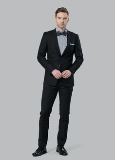 Classic Black Suit | Menguin | Black Suit Rental Sleek Notch Lapel Tuxedo For Black-tie Events, Black Fitted Double Breasted Suit For Party, Fitted Black Double Breasted Suit For Party, Modern Black Single-breasted Suit, Fitted Professional Blazer For Black Tie Events, Sleek Fitted Tuxedo For Party, Sleek Fitted Single Breasted Tuxedo, Sleek Fitted Single-breasted Tuxedo, Professional Tuxedo For Black-tie Events With Suit Collar