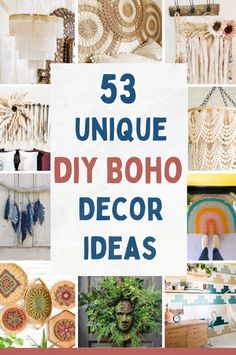 the cover of 35 unique diy boho decor ideas is shown with images of different items