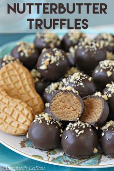 chocolate covered peanut butter truffles on a blue and white plate with text overlay