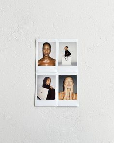 four photos hanging on the wall with different women's faces and hair in them