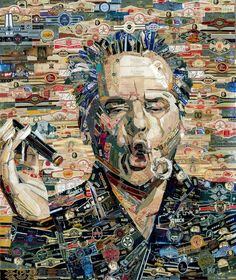 a painting of a man with lots of buttons on his face and hands in front of him