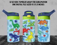 three children's water bottles with different designs on them