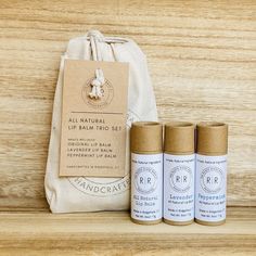 All Natural Lip Balm Trio Set   Our Lip balms are made with all natural skin loving ingredients to protect and nourish lips and made in small batches. Bonus: Our lip balms are packaged in a Kraft Eco Friendly/Biodegradable push up tube! This trio set includes all three lip balms - Original, Lavender and Peppermint and packaged in our reusable 100% cotton bags. Perfect gift idea or to treat yourself. *All Natural *Unflavored *Palm Free *Vegan Free- NO our lip balms contain beeswax Each lip balm weighs 3 times larger then before and are .60 ounces with a full list of ingredients. All of our products are made from scratch, in small batches and handcrafted in my studio in Ridgefield, Connecticut. For Online Orders: *If this is a gift please leave us note when purchasing.  If you have any quest Peppermint Lip Balm, Soap Bag, Cotton Bags, Beauty Make-up, Skincare Gift Set, Natural Lip Balm, Natural Lip, Skin Care Gifts, Lip Balms