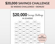 the $ 20, 000 savings challenge is on display in front of a pink background