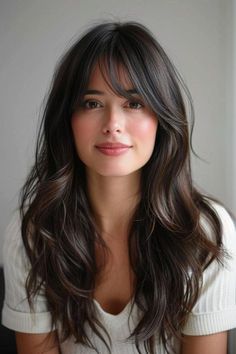 Layers Hair Cuts For Women, Medium Hair With Layers And Face Framing Bangs, Haircuts For Long Hair With Bangs And Layers, Low Maintenance Curtain Bangs Long Hair, Long Brown Hair With Bangs Round Face, Long Hair Cuts With Layers Round Face, Face Framing Curtain Bangs Wavy Hair, 2024 Side Bangs, Latest Haircut For Women Long Hair