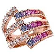 Adorn your finger with this exquisite beaty of this 18kt rose gold multi-row ring, gracefully showcasing a harmonious blend of colorful sapphires and dazzling diamonds. The intertwining rows create a captivating dance of light and color, making it a true testament to refined elegance. Ring 18kt Rose Gold Wrap with half Multicolor Square Sapphires 2.14 carats half Round Diamonds 0.79 carats. Size 7. Perfect High Jewelry Gift for Mom, Girlfriend, Daughter, Birthday or Christmas Gift. Luxury Multicolor Cluster Ring As Gift, Rainbow Ring, Ring Rosegold, Rainbow Rings, Gold Wrap, Daughter Birthday, Anniversary Bands, Lovely Jewellery, High Jewelry