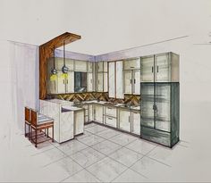 a drawing of a kitchen with cabinets and stools