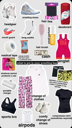 a poster with different types of clothing and shoes on it's side, including the names