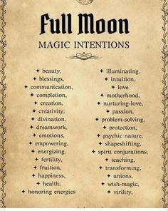 the full moon magic intentions are shown on an old parchment paper with black writing