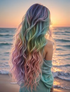 Hair Dye Ombre, Dark Rainbow Hair, Holographic Hair Color, Rainbow Hair Color Ideas, Rainbow Hair Colors, Mermaid Hair Colors, Cool Hair Colors, Pastel Rainbow Hair