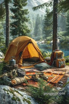 a tent is set up in the woods with backpacks and camping gear on it