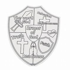 the armor of god shield coloring page is shown in black and white, with words on it