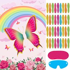 an image of butterflies and flowers in the sky with rainbows behind them on a pink background