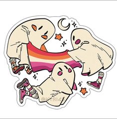 two ghost stickers are flying through the air with their heads in each other's hands