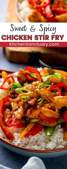 the chicken stir fry is served on top of white rice with red peppers and green onions