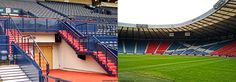 the inside and outside of a stadium with stairs leading up to the upper level area