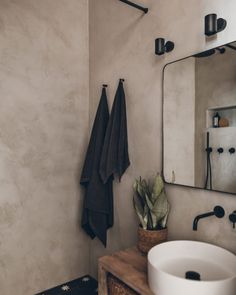 a white sink sitting under a bathroom mirror next to a potted plant on top of a wooden table