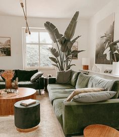 a living room filled with green couches and tables