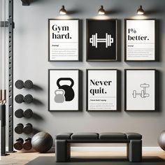 a gym room with posters on the wall