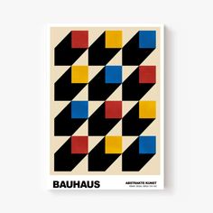 a poster with an abstract design in black, red, yellow and blue on it