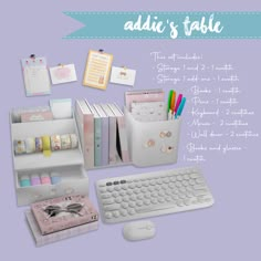 there is a computer keyboard, mouse and other items on the desk with words above it