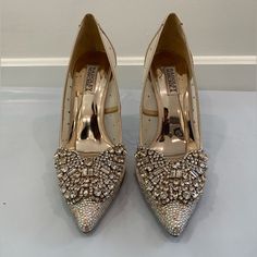 Quintana Crystal Embellished Pointed Toe Pump Badgley Mischka Collection Size: 8.5 Color: Latte Satin Heel Height: 4 Inches Condition: Very Good (Worn Once) Dazzling Placed Crystals Ornament The Pointy Toe And Pepper The Curved Sides Of A Party-Ready Pump In Lustrous Satin And Breezy Mesh. 4" Heel (Size 8.5) Latex-Cushioned Footbed Textile Upper And Lining/Leather Sole Purchased From Nordstrom For $245 And Worn One Time. Light Wear On Bottom Of Shoe Shown In Photo. Badgley Mischka Shoes, Bridesmaid Shoes, Fancy Shoes, Satin Heels, Satin Color, Dress Shoes Womens, Shoe Show, Shoes Womens, Best Wear