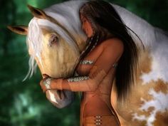 a native american woman hugging a white horse