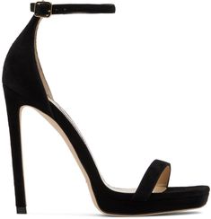 Suede heeled sandals in black. · Open square toe · Strap at vamp · Adjustable pin-buckle ankle strap · Logo patch at leather footbed · Covered stiletto heel with rubber injection · Leather sole · Heel: H4.5 in Supplier color: Black Black Heels Strappy, Black Open Toe Heels, Black Strappy Heels, Prom Heels, Jimmy Choo Heels, Heels Classy, Prom Shoes, Black Sandals Heels, Black High Heels