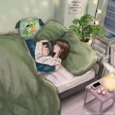 a drawing of two people laying on a bed next to each other with green sheets and pillows