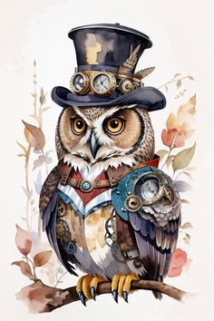 an owl wearing a top hat and steampunk