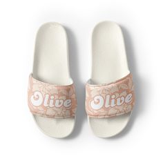 WOMEN'S ROMANTIC PERSONALIZED WATERPROOF POOL SLIDES ARE GREAT FOR A BACHELORETTE PARTY OR AS BRIDESMAID GIFTS. PEOPLE ALSO LOVE THEM AS CHRISTMAS GIFTS FOR USE AS INDOOR SLIPPERS. Please check the sizing (size conversion) chart between the listing photos. A must-have for the summer: these beige women's slides with printed ivory lace and custom name in white with a beige color outline. A pair of these will keep you comfy throughout your day of beach or pool activities, thanks to the cushioned up Bridal Sneakers, Pool Shoes, Pool Activities, Custom Slides, Bride Shoes, Slingbacks, Womens Slides, Monogram Gifts, Ivory Lace