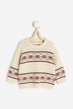 Jacquard-knit Sweater - Light beige/patterned - Kids | H&M US Wood Buttons, Cotton Bodysuit, Cotton Romper, Sweatshirt Set, Boys Sweaters, Cotton Leggings, Sleeveless Rompers, Cotton Cardigan