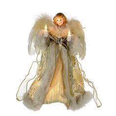 an angel holding two lit candles in its hands and wearing a gold dress with white feathers