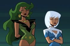 two cartoon characters standing next to each other in front of a dark background, one with green hair and the other without