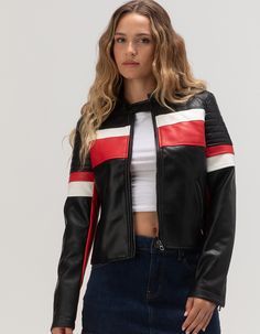 Ashley Stripe Racing Faux Leather Jacket. The Stripe Racing Faux Leather Jacket Is A Bold And Edgy Statement Piece That Adds A Touch Of Rebellious Flair To Any Outfit. Featuring Sleek Faux Leather With Distinctive Stripe Detailing, This Jacket Offers A Modern, Sporty Look. The Tailored Fit And Classic Design Elements, Such As Zippered Pockets And A Zip-Front Closure, Provide Both Style And Functionality. Shell: 100% Polyurethane. Lining: 100% Polyester. Wipe With A Damp Cloth Only. Imported. Model Is Wearing A Size Small. Model Measurements:height: 5'9" Bust: 32"waist: 25"hips: 35" Edgy Sporty Outfits, Racing Jacket Women, Racetrack Outfit, Scene Jacket, Edge Outfits, Striped Leather Jacket, Chino Pants Women, Wwe T Shirts, Flannel Sweatshirt