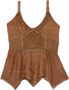 A gorgeous lustrous brown soft satin rayon halter top. The halter top has all set up to give the classic snug fit on the waist while highlighting the bust on the top and giving way to a short frock with an uneven hem from the waist down. #tlb #Embroidered #bohemianfashion #Haltertop #renaissancetop Brown Sleeveless Halter Top For Spring, Elegant Brown Tank Top For Summer, Brown Halter Neck Top For Summer, Sleeveless Brown Top For Festival, Brown Sleeveless Top For Festival, Brown Fitted Top With Spaghetti Straps, Elegant Brown Summer Camisole, Brown Fitted Spaghetti Strap Top, Brown Summer Halter Top For Festivals