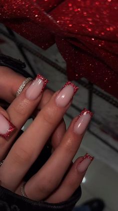 Glitter Red Nail Designs, Red Nails And Glitter, Red Glitter Square Nails, Red Nail Set Prom, Red Nails With Silver Tips, Red Nails Glitter Tips, Red Sparkling Nails, Red Nails For Prom Short, Nail Ideas Red Design